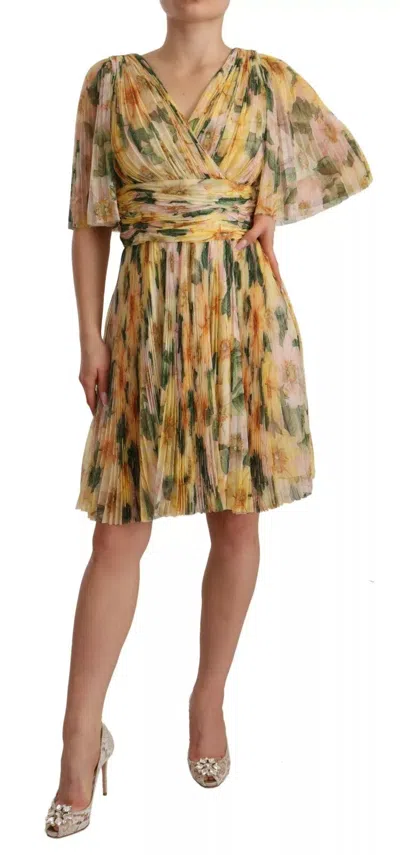 Dolce & Gabbana Yellow Floral Print Pleated Maxi Dress In Yellow