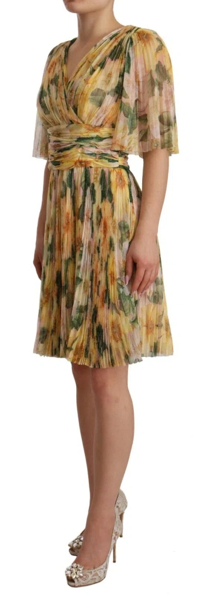 Dolce & Gabbana Yellow Floral Print Pleated Maxi Dress In Yellow