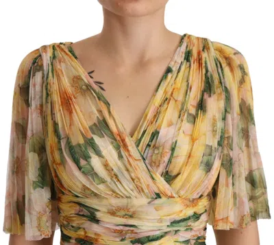 Dolce & Gabbana Yellow Floral Print Pleated Maxi Dress In Yellow