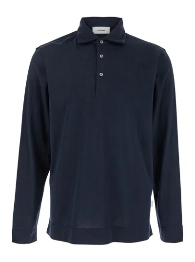 Lardini Blue Polo With Classic Collar And Long Sleeves In Cotton And Silk Blend Man In Blue