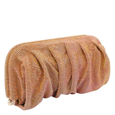 Benedetta Bruzziches Rectangular Rhinestone Ruched Clutch Bag In Orange