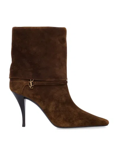 Saint Laurent Niki Suede Ysl Stiletto Ankle Booties In Brown