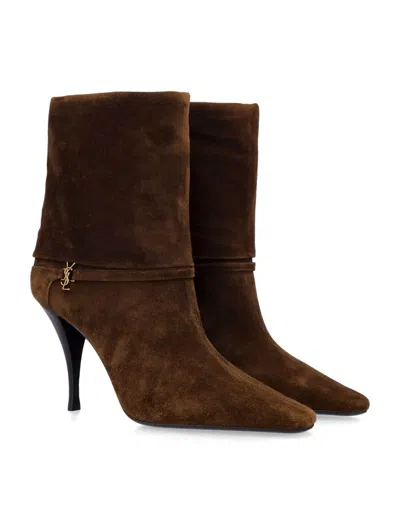Saint Laurent Niki Suede Ysl Stiletto Ankle Booties In Brown