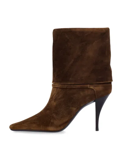 Saint Laurent Niki Suede Ysl Stiletto Ankle Booties In Brown