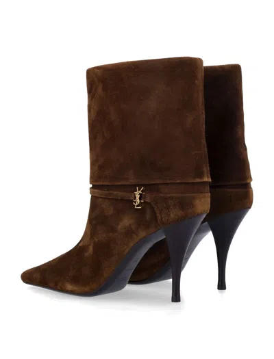 Saint Laurent Niki Suede Ysl Stiletto Ankle Booties In Brown