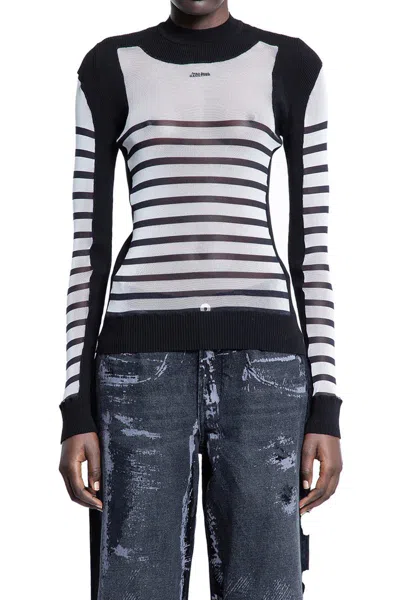 Jean Paul Gaultier Fitted Black Sweater With Striped Pattern And High Neck In White