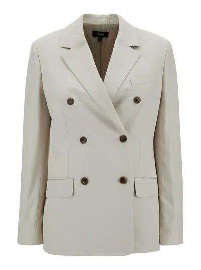 Theory Off-white Double-breasted Jacket With Notched Revers In Viscose Woman In Neutral