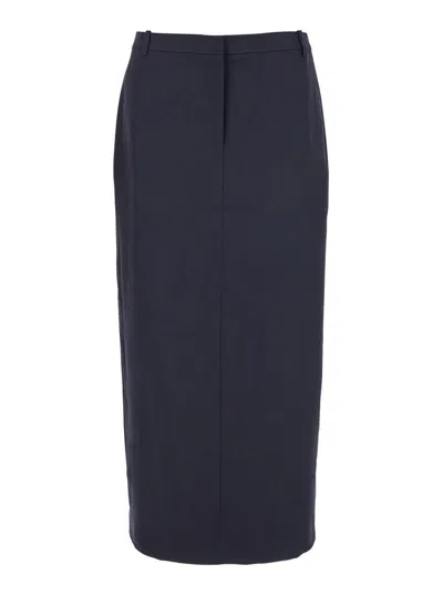 Theory Midi Blue Skirt With Slit In Wool Blend Woman In Blue
