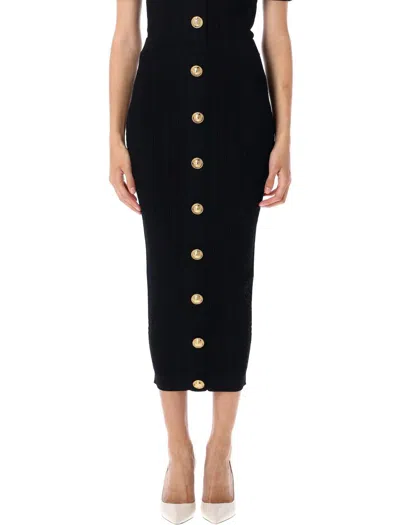 Balmain Black Viscose Blend Ribbed Knit Midi Skirt In Black