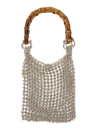 Silvia Gnecchi Bamboo Silver Colored Handbag With Metallic Mesh And Bamboo Handle In Aluminum Woman In Gray