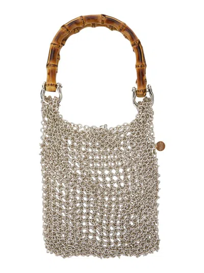 Silvia Gnecchi Bamboo Silver Colored Handbag With Metallic Mesh And Bamboo Handle In Aluminum Woman In Gray