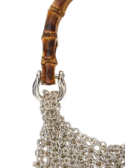 Silvia Gnecchi Bamboo Silver Colored Handbag With Metallic Mesh And Bamboo Handle In Aluminum Woman In Gray