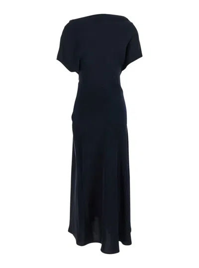 Plain Blue Long Dress With Square Neckline And Short Sleeves In Tech Fabric Woman In Black