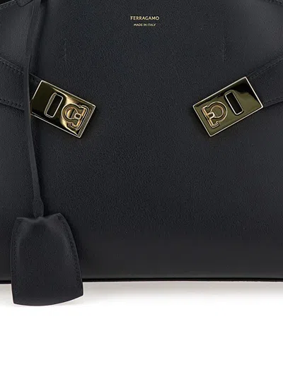 Ferragamo Hug S Black Handbag With Logo And Gancini Buckle In Leather Woman In Black