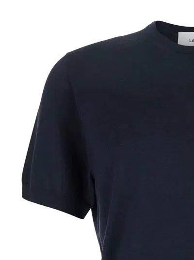 Lardini Blue Ribbed Crewneck Sweater In Wool And Silk Blend Man In Blue