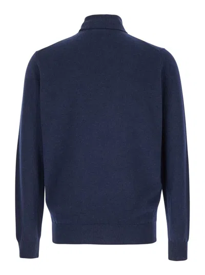 Plain Blue Turtleneck Sweater In Merino Wool And Silk Blend Man In Blue