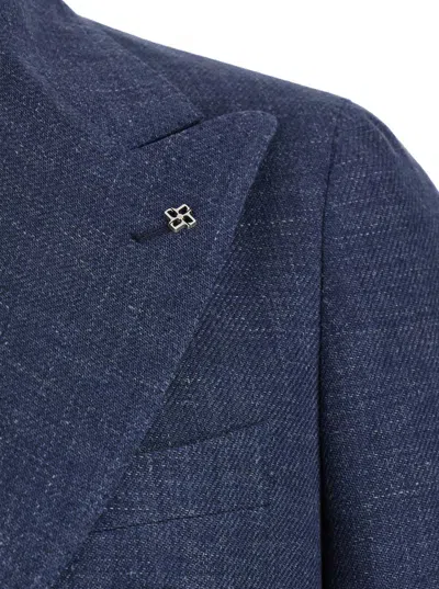 Tagliatore Blue Double-breasted Blazer With Logo Pin On The Front In Linen And Cotton Blend Man In Blue