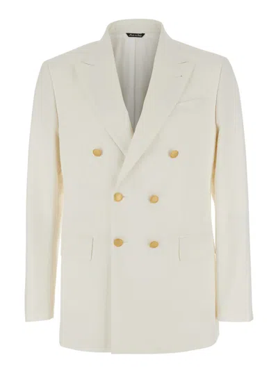 Reveres 1949 White Double Breasted Jacket With Peak Lapels In Virgin Wool And Cotton Blend Woman In Multi