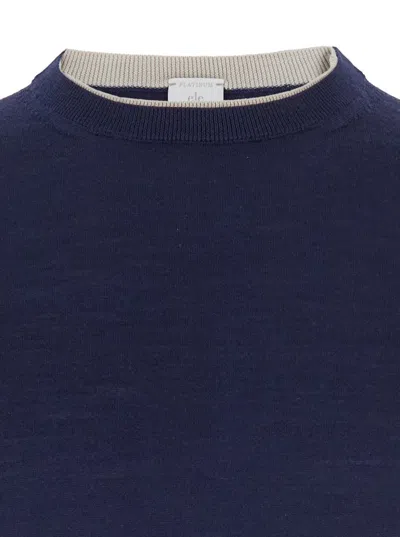 Eleventy Men Blue Crewneck Sweater In Wool And Silk Man In Blue