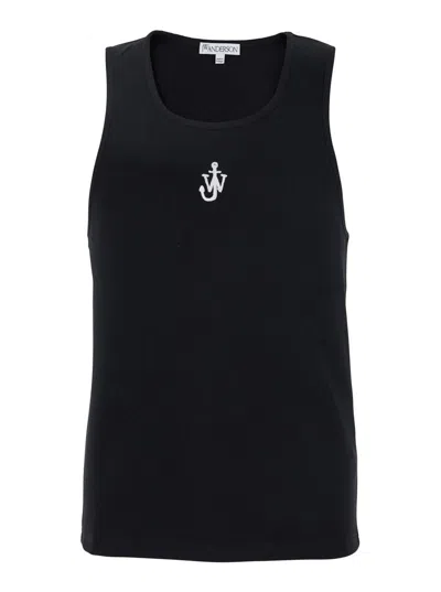 Jw Anderson Black Sleeveless Top With Logo Embroidery On The Front In Cotton Man In Black