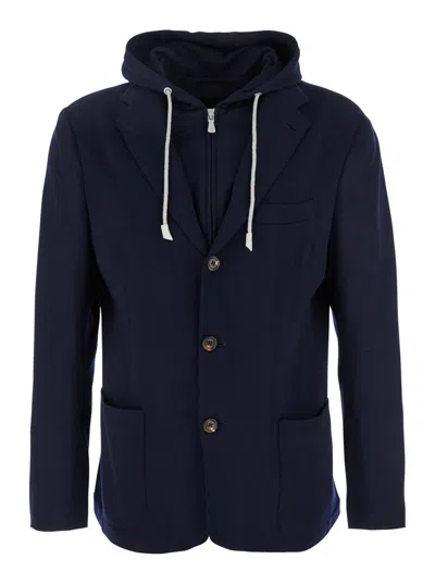 Eleventy Hooded Jacket With Front Pockets And Long Sleeves In Blue