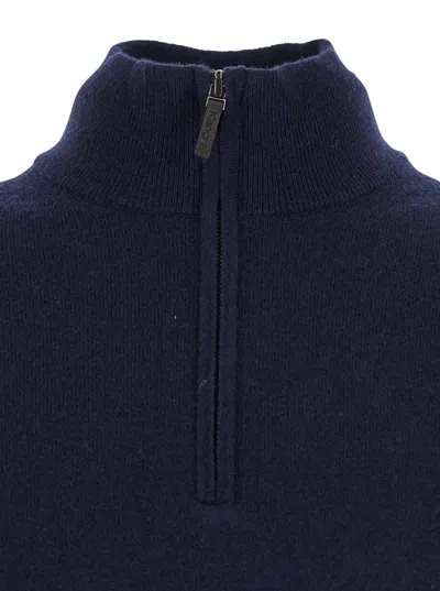 Kangra Cashmere Blue Sweater With High Neck And Half Zip Closure On The Front In Wool Woman In Blue