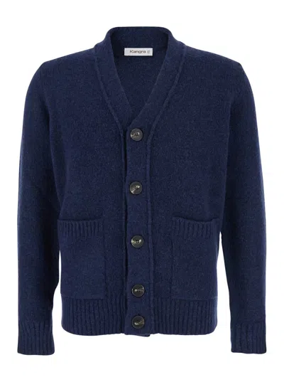 Kangra Cashmere Blue V-neck Cardigan With Front Pockets In Wool Man In Blue