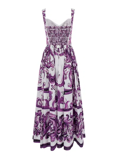 Dolce & Gabbana Violet Long Dress With Sweetheart Neckline And All-over Geometric Print In Cotton Woman In Purple