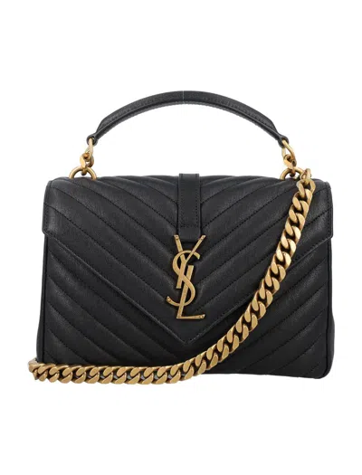 Saint Laurent College Medium Ysl Matelasse Lambskin V-flap Crossbody Bag With Golden Hardware In Black