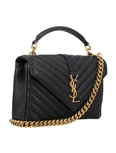 Saint Laurent College Medium Ysl Matelasse Lambskin V-flap Crossbody Bag With Golden Hardware In Black