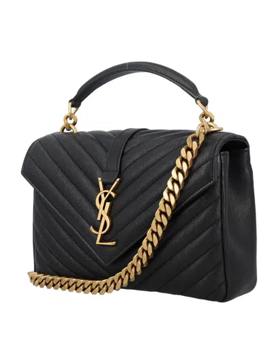 Saint Laurent College Medium Ysl Matelasse Lambskin V-flap Crossbody Bag With Golden Hardware In Black