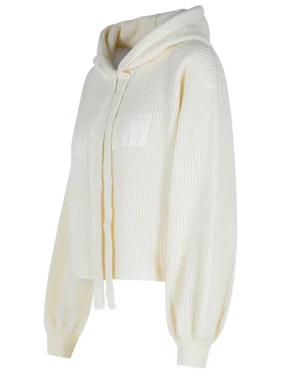 Msgm Cropped Knit Sweater With Hood And Balloon Sleeves In White