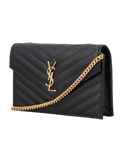 Saint Laurent Cassandre Chain Wallet In Brown