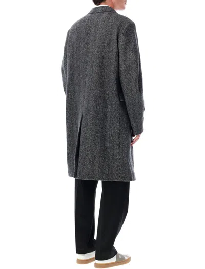 Givenchy Grey Herringbone Wool Overcoat In Black