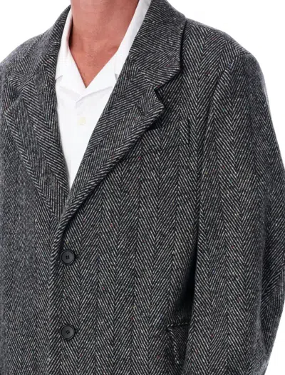 Givenchy Grey Herringbone Wool Overcoat In Black