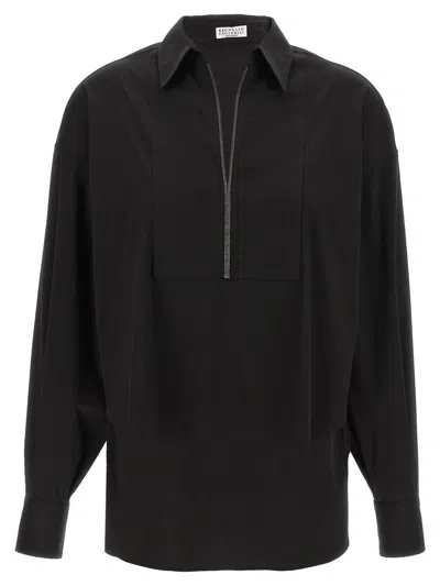 Brunello Cucinelli Collared V-neck Shirt Front Placket Detail In Black