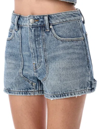 Alexander Wang Clear Bead Hotfix High-waist Workwear Denim Shorts In Blue