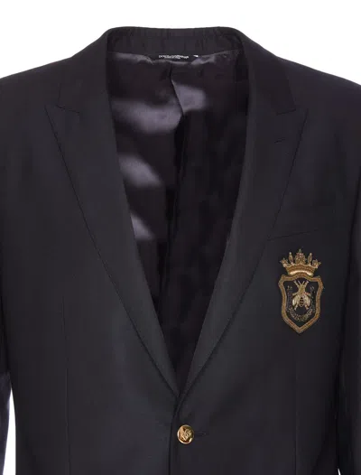 Dolce & Gabbana Dolce&gabbana Men Wool And Silk Monobreasted Jacket With Patch In Black