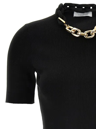 Rabanne Black Silk And Cotton T-shirt With Chain In Black