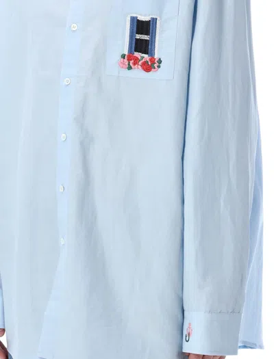 Jw Anderson Light Blue Shirt With Classic Collar And Embroidery Detail On Front And Cuff In Linen And Cotton Ble In Blue