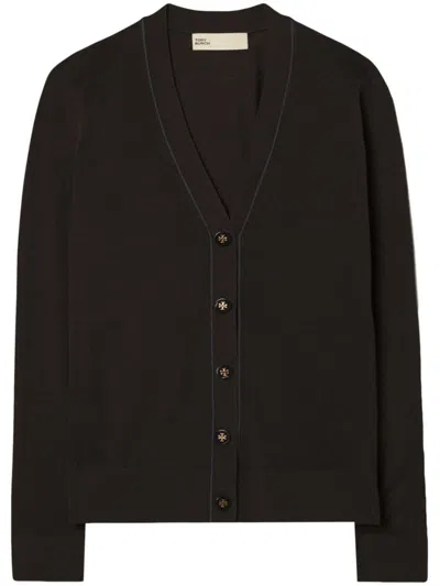 Tory Burch Wool And Silk Blend Cardigan In Black