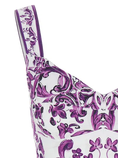 Dolce & Gabbana Violet Top With Sweetheart Neckline And All-over Graphic Print In Cotton Blend Woman In Purple