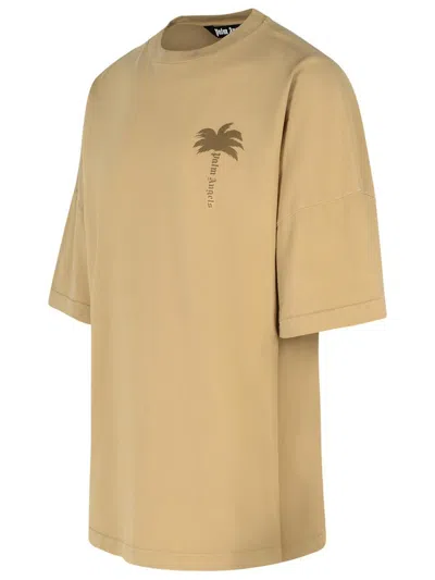Palm Angels Beige Cotton T-shirt With Palm Print And Logo In Neutral