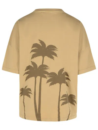 Palm Angels Beige Cotton T-shirt With Palm Print And Logo In Neutral