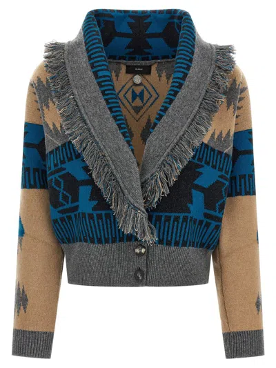 Alanui Geometric Jacquard Belted Fringe Cardigan In Blue