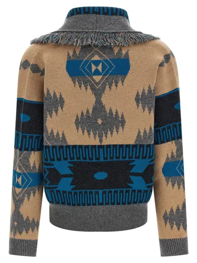 Alanui Geometric Jacquard Belted Fringe Cardigan In Blue