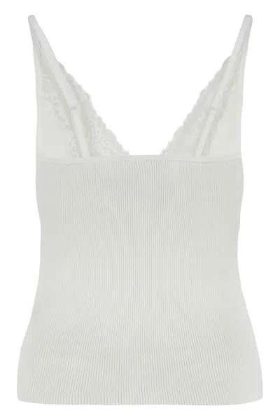 Self-portrait Lace Trim Rib Knit Viscose Blend Top In White