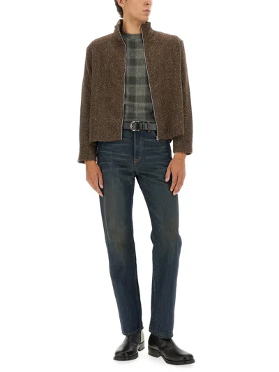 Our Legacy Textured Fabric Long Sleeve High Collar Cardigan In Brown