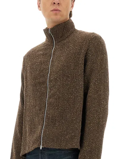 Our Legacy Textured Fabric Long Sleeve High Collar Cardigan In Brown