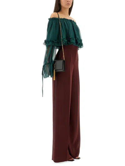 Saint Laurent Off The Shoulder Long Sleeve Top In Green